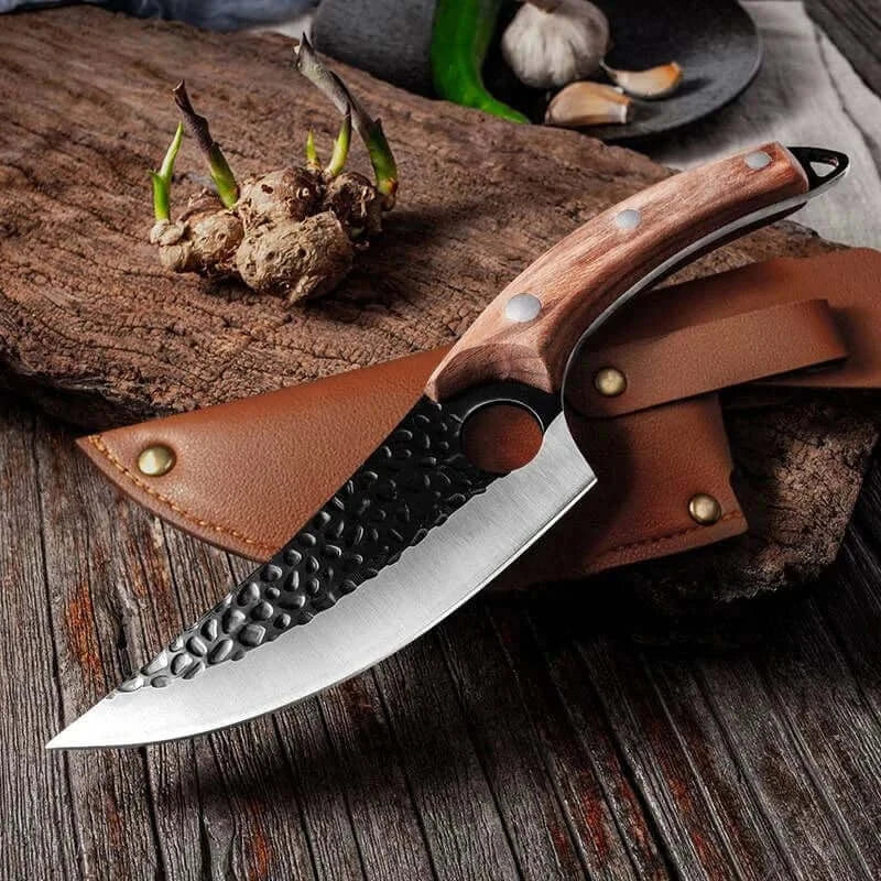 China China Brown with PU cover Stainless Steel Kitchen Boning Knife Fishing Knife Meat Cleaver Handmade Forged Chef Outdoor Cooking Cutter Butcher Knife Tool