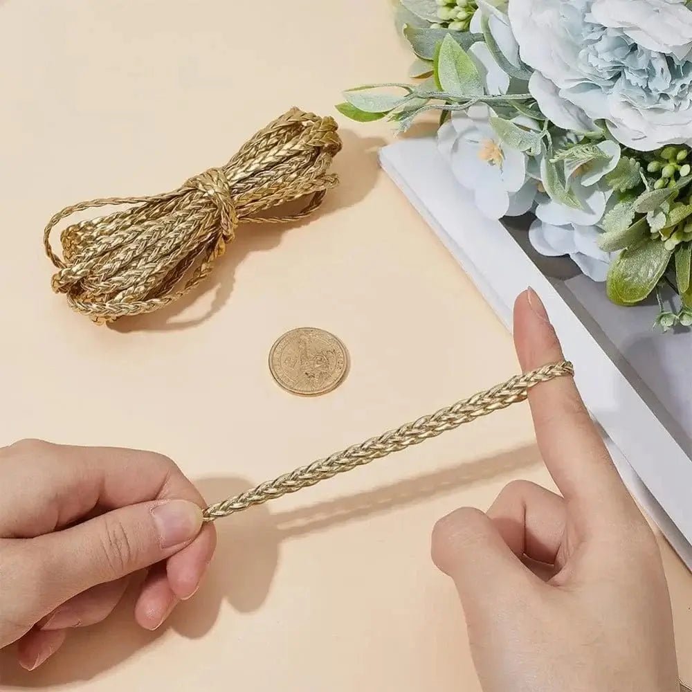 China China BTG08-07878 5m Braided Leather Cord 5mm Gold PU Leather Rope 2mm Thick Flat Folded Imitation Leather String Thread for DIY making kit