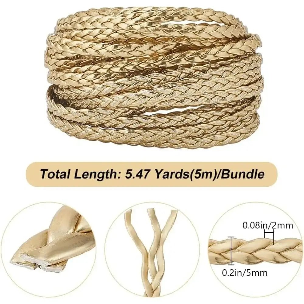 China China BTG08-07878 5m Braided Leather Cord 5mm Gold PU Leather Rope 2mm Thick Flat Folded Imitation Leather String Thread for DIY making kit