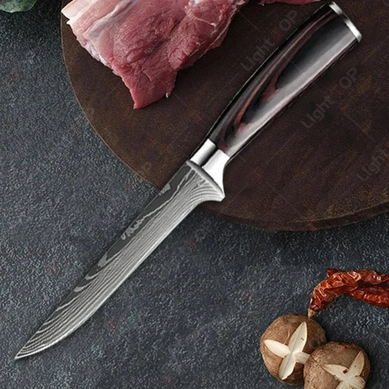 China China Damascus Kitchen Knives with Titanium Cutting Board Japanese Santoku Cleaver Stainless Steel Boning Knife Portable Meat Chopping