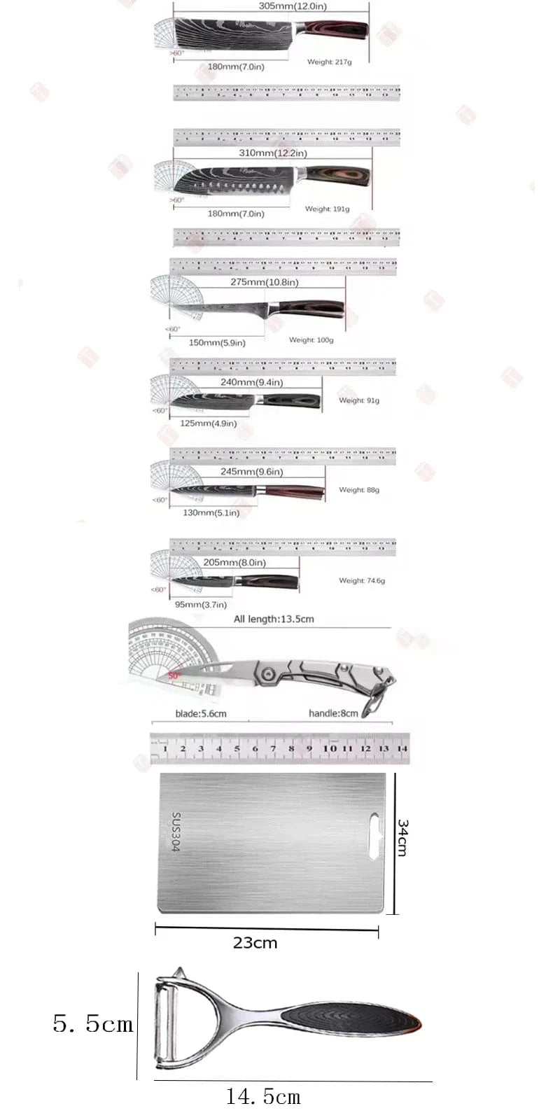 China China Damascus Kitchen Knives with Titanium Cutting Board Japanese Santoku Cleaver Stainless Steel Boning Knife Portable Meat Chopping
