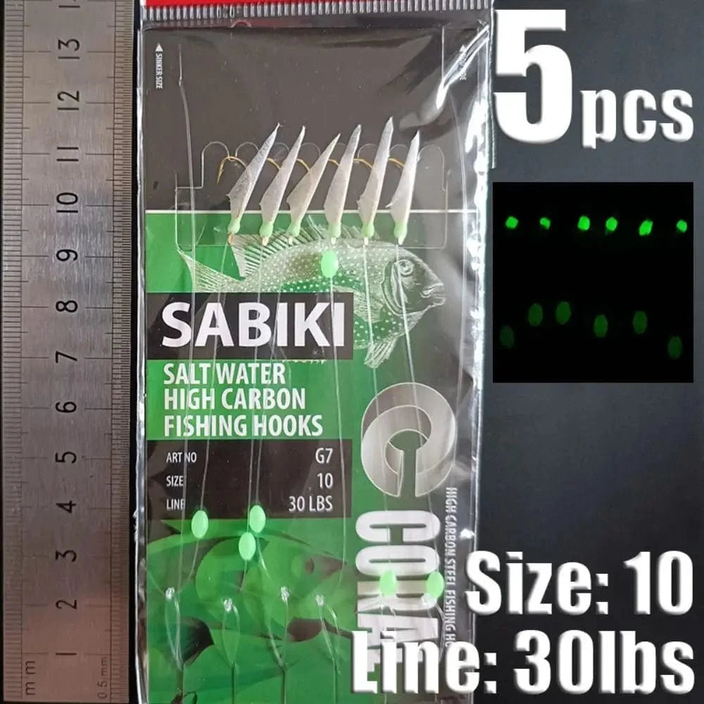China China dark green-10 1Park/5pcs Lunker Sabiki Rigs  Hooks Saltwater Fishing Lures Luminous Glow Flash Fishskin Sea Bait Mackerel Pesca Tackle