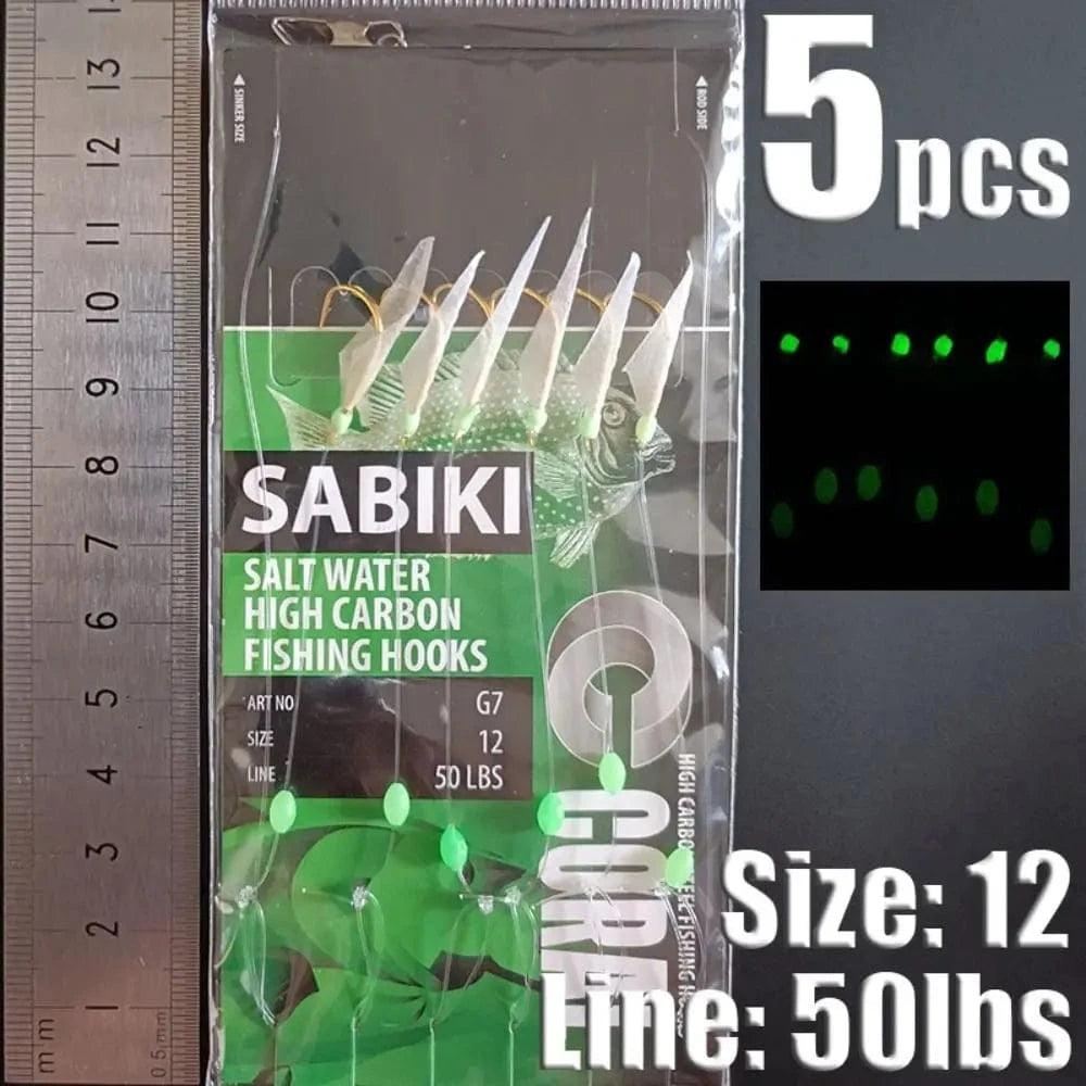 China China dark green-12 1Park/5pcs Lunker Sabiki Rigs  Hooks Saltwater Fishing Lures Luminous Glow Flash Fishskin Sea Bait Mackerel Pesca Tackle