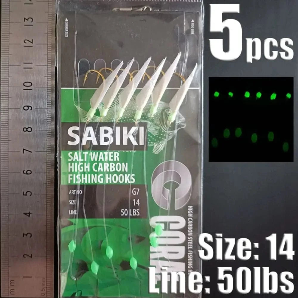 China China dark green-14 1Park/5pcs Lunker Sabiki Rigs  Hooks Saltwater Fishing Lures Luminous Glow Flash Fishskin Sea Bait Mackerel Pesca Tackle