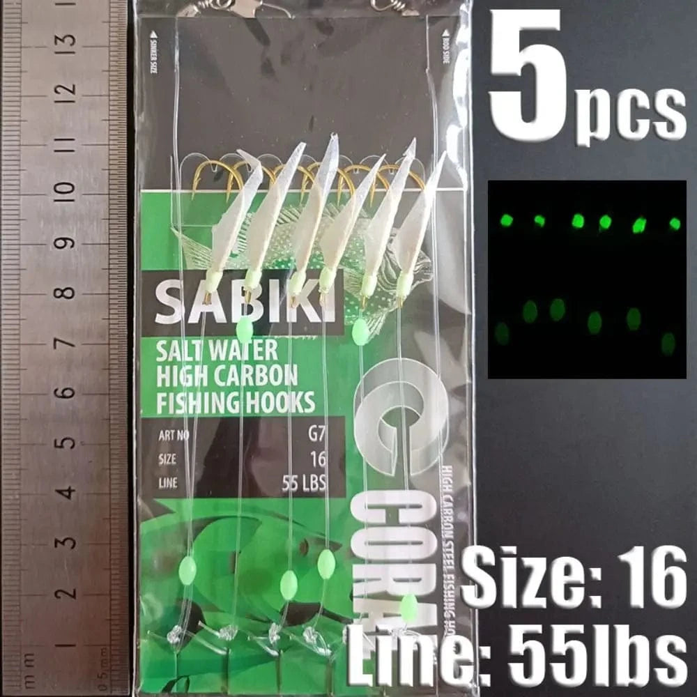 China China dark green-16 1Park/5pcs Lunker Sabiki Rigs  Hooks Saltwater Fishing Lures Luminous Glow Flash Fishskin Sea Bait Mackerel Pesca Tackle