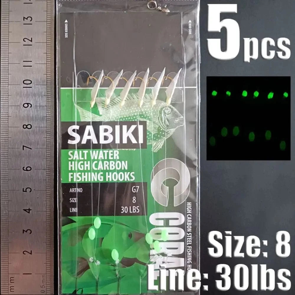 China China dark green-8 1Park/5pcs Lunker Sabiki Rigs  Hooks Saltwater Fishing Lures Luminous Glow Flash Fishskin Sea Bait Mackerel Pesca Tackle