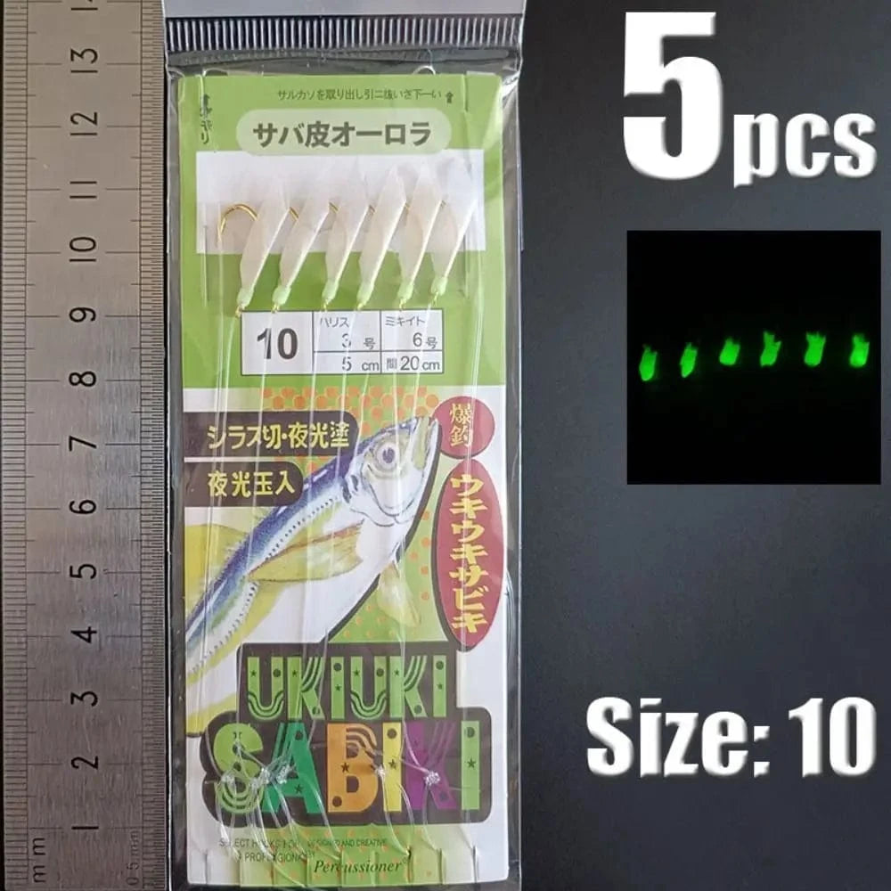 China China green-10 1Park/5pcs Lunker Sabiki Rigs  Hooks Saltwater Fishing Lures Luminous Glow Flash Fishskin Sea Bait Mackerel Pesca Tackle