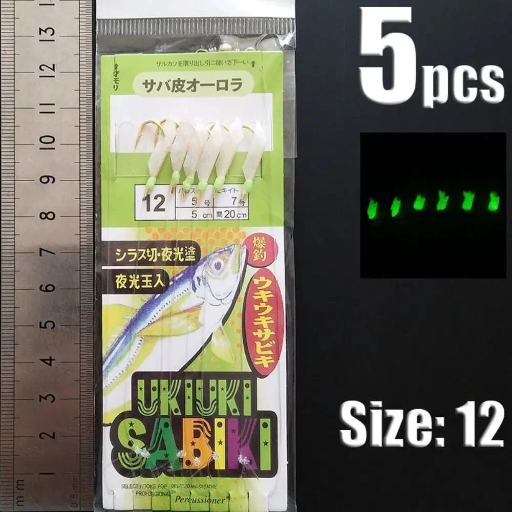 China China green-12 1Park/5pcs Lunker Sabiki Rigs  Hooks Saltwater Fishing Lures Luminous Glow Flash Fishskin Sea Bait Mackerel Pesca Tackle
