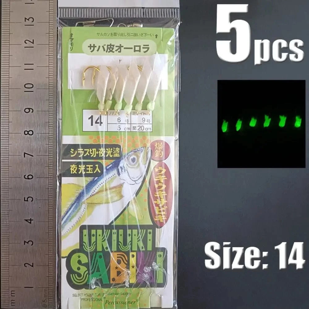 China China green-14 1Park/5pcs Lunker Sabiki Rigs  Hooks Saltwater Fishing Lures Luminous Glow Flash Fishskin Sea Bait Mackerel Pesca Tackle