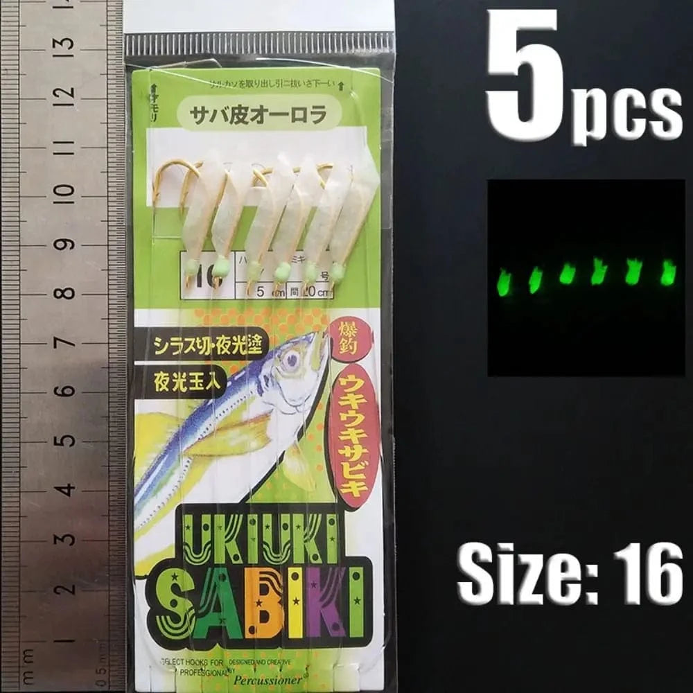 China China green-16 1Park/5pcs Lunker Sabiki Rigs  Hooks Saltwater Fishing Lures Luminous Glow Flash Fishskin Sea Bait Mackerel Pesca Tackle