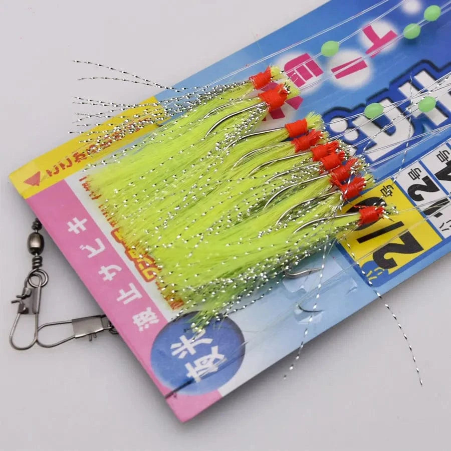 China China green / 1bag JYJ 10 hooks per bag ,fishing sabiki rig string hooks with 10 arms for salmon and mackcrel saltwater fishing lure bait
