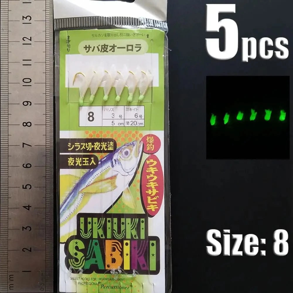 China China green-8 1Park/5pcs Lunker Sabiki Rigs  Hooks Saltwater Fishing Lures Luminous Glow Flash Fishskin Sea Bait Mackerel Pesca Tackle