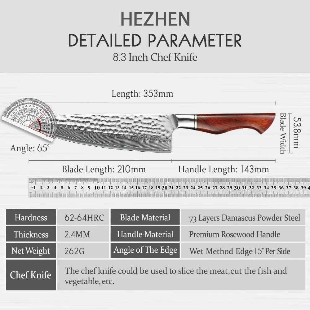 China China HEZHEN 8.5 Inch Chef Knife 73 Layers Powder Steel Damascus Steel Natural Rosewood Handle Kitchen Cook Knife Tools Accessories