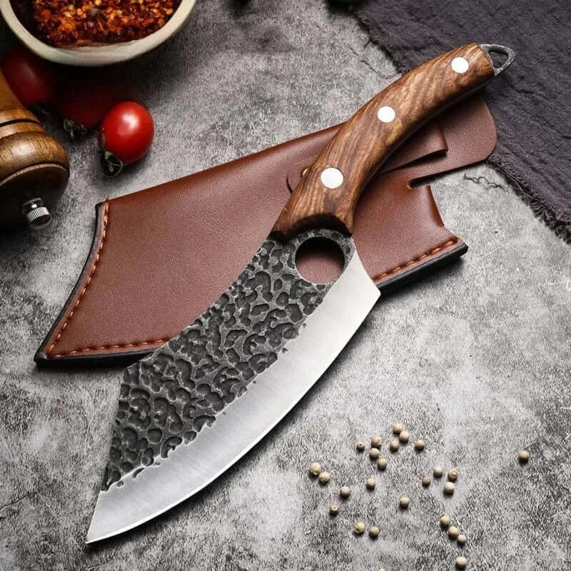 China China High Carbon Steel Butcher Knives KnifeHand-forged Hammered Meat Cleaver With Finger Ring Meat Cleaver Boning Viking Chef Knife