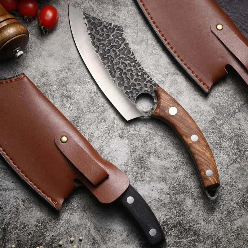 China China High Carbon Steel Butcher Knives KnifeHand-forged Hammered Meat Cleaver With Finger Ring Meat Cleaver Boning Viking Chef Knife