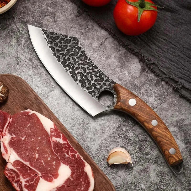 China China High Carbon Steel Butcher Knives KnifeHand-forged Hammered Meat Cleaver With Finger Ring Meat Cleaver Boning Viking Chef Knife