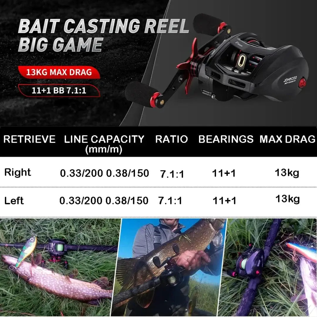 China China JOHNCOO Fishing reel MT200 Bait Casting Reel Big Game 13kg Max Drag jigging Fishing Reel 11+1 BB 7.1:1 Baitcasting reel