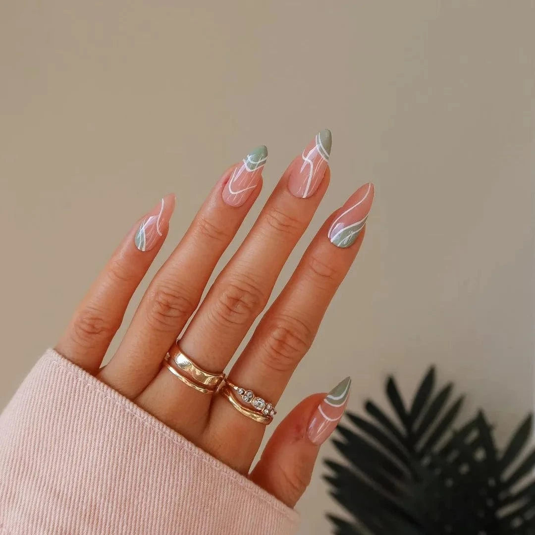 China China JP1422 24pcs Light Green Stripe Gradient Wearing Fake Nails Seamless Removable Full Cover Long False Nails Press On Nails With Designs