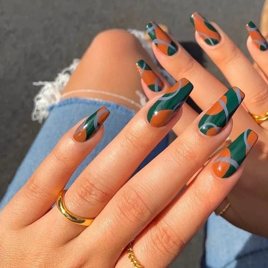 China China JP1427 24pcs Light Green Stripe Gradient Wearing Fake Nails Seamless Removable Full Cover Long False Nails Press On Nails With Designs