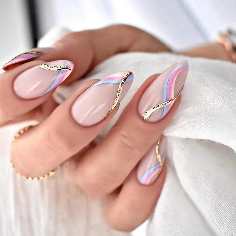 China China JP1694 24pcs Light Green Stripe Gradient Wearing Fake Nails Seamless Removable Full Cover Long False Nails Press On Nails With Designs