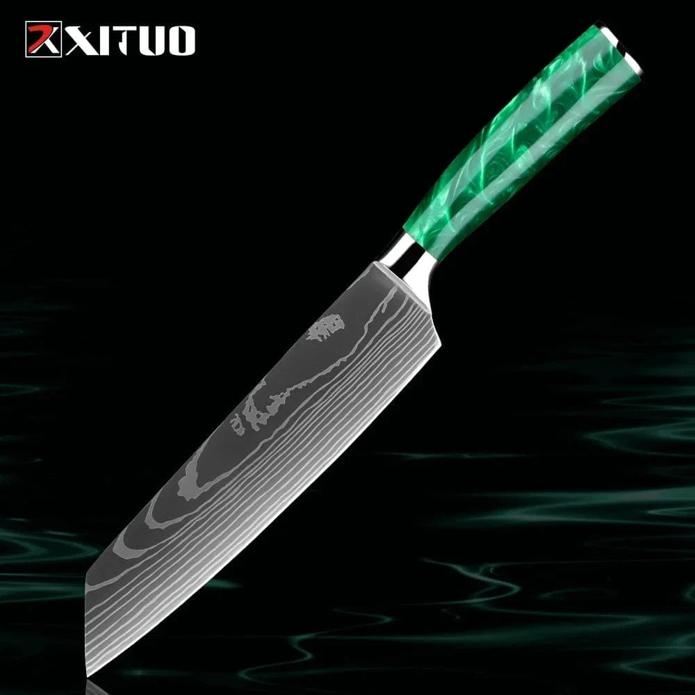 China China Kiritssuke Knife Pro Chef Knife Set 1-8PCS,7Cr17Mov Steel Kitchen Cooking Knives Utility Knife Super sharp Blade Ergonomic Green Resin Handle
