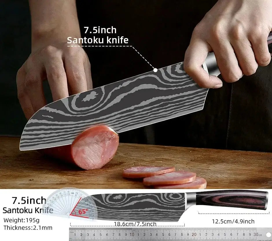 China China Kitchen Knife Damascus Steel Laser Professional Chef Knife 7CR17440C Stainless Steel Meat Cleaver Santoku Slicing Cutter Cooking