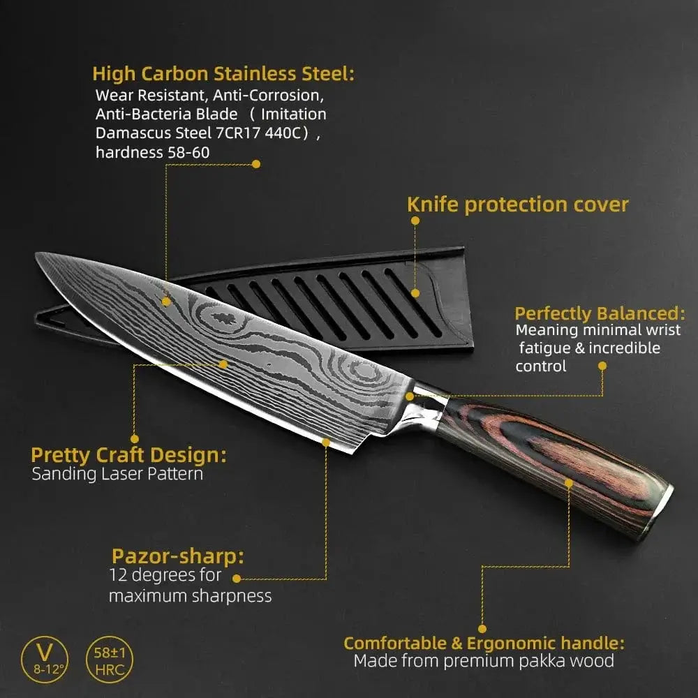 China China Kitchen Knife Damascus Steel Laser Professional Chef Knife 7CR17440C Stainless Steel Meat Cleaver Santoku Slicing Cutter Cooking