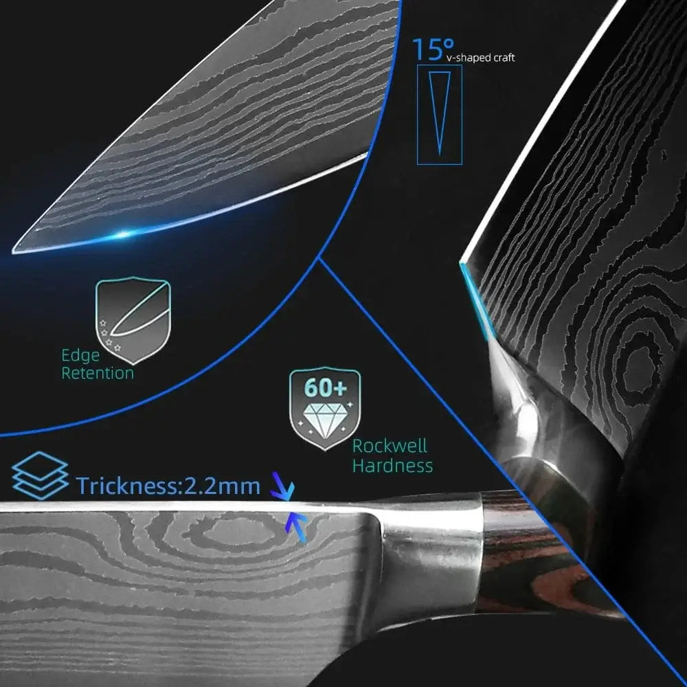 China China Kitchen Knife Damascus Steel Laser Professional Chef Knife 7CR17440C Stainless Steel Meat Cleaver Santoku Slicing Cutter Cooking