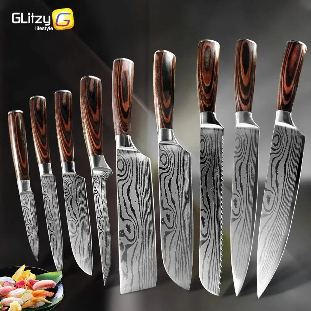 China China Kitchen Knife Damascus Steel Laser Professional Chef Knife 7CR17440C Stainless Steel Meat Cleaver Santoku Slicing Cutter Cooking