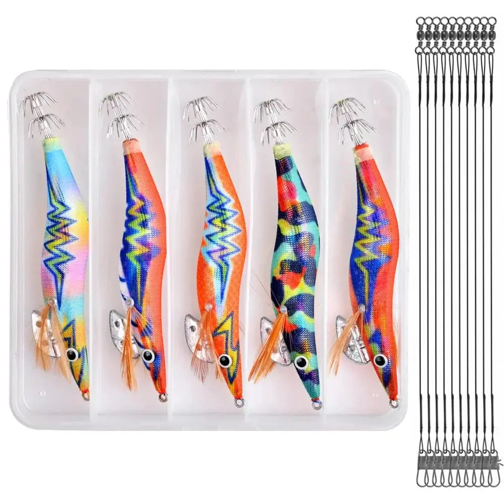 China China Laser squid bait / Size 2.5 15Pcs Luminous Fishing Squid bait Steel Wire Leader Set Saltwater Wood Shrimp Lead Jig Hook Octopus Cuttlefish Trolling Bait