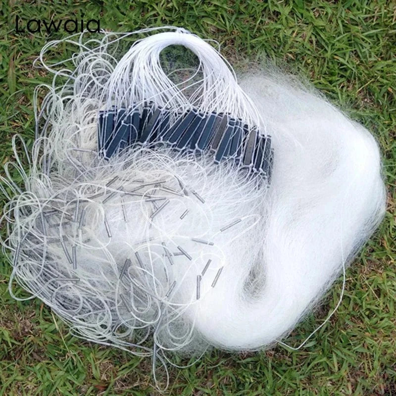 China China Lawaia 50M White Silk Fishing Gill Nets Monofilament Fishing Gear Accessories Fishing Trap Network 3-Layer Fishnet Plastic Float