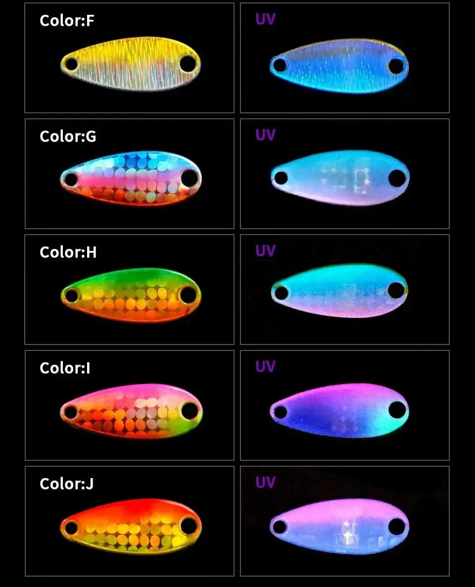 China China LETOYO 2.3g/3.5g/5g Laser Spinner Lure UV Luminous Spoon Fishing Lure Double Painted Spinner Baits Colorful Trout Prech Lure