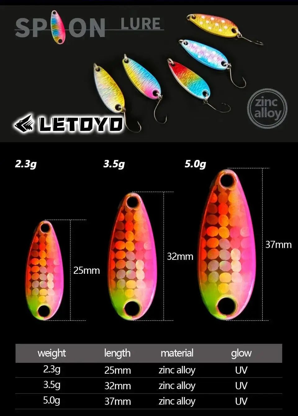 China China LETOYO 2.3g/3.5g/5g Laser Spinner Lure UV Luminous Spoon Fishing Lure Double Painted Spinner Baits Colorful Trout Prech Lure