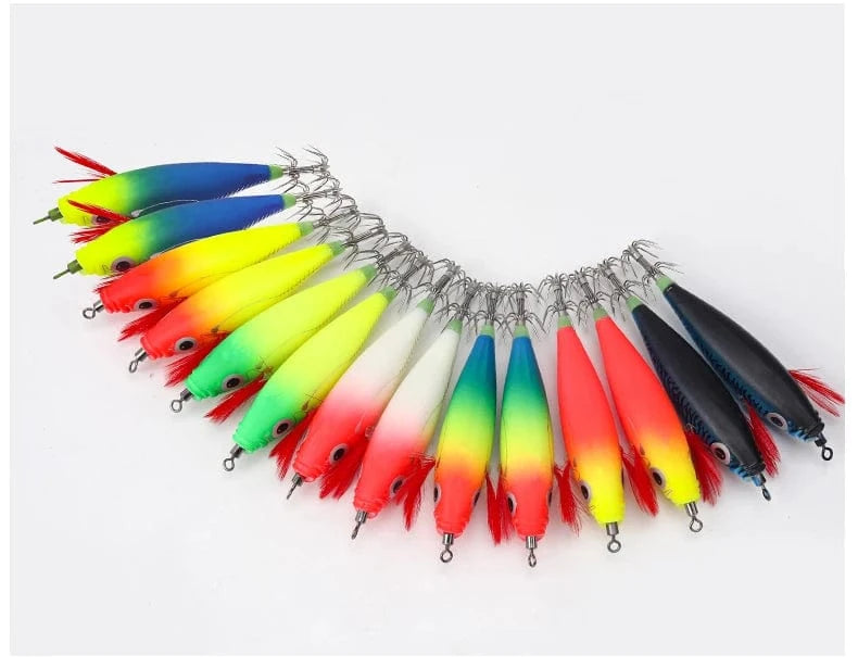 China China LEYDUN Luminous Horizontal Squid Jig Wood Shrimp Squid Hook 5pcs 14pcs Fishing Lures Octopus Cuttlefish Shrimp Saltwater Baits