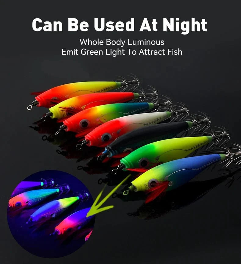 China China LEYDUN Luminous Horizontal Squid Jig Wood Shrimp Squid Hook 5pcs 14pcs Fishing Lures Octopus Cuttlefish Shrimp Saltwater Baits