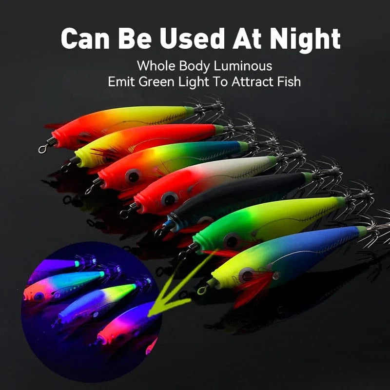 China China LEYDUN Luminous Horizontal Squid Jig Wood Shrimp Squid Hook 5pcs 14pcs Fishing Lures Octopus Cuttlefish Shrimp Saltwater Baits