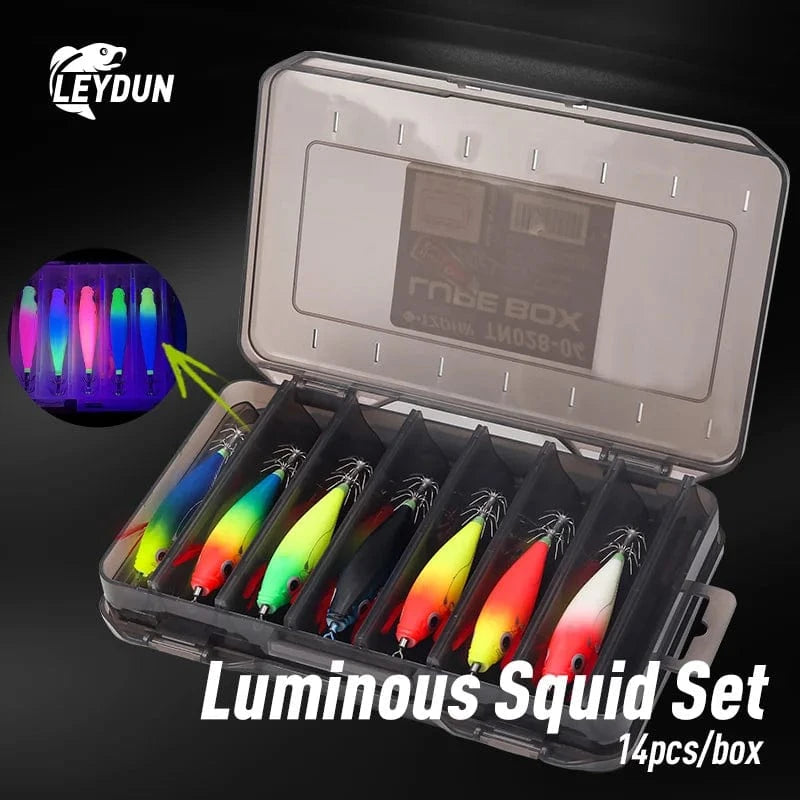 China China LEYDUN Luminous Horizontal Squid Jig Wood Shrimp Squid Hook 5pcs 14pcs Fishing Lures Octopus Cuttlefish Shrimp Saltwater Baits