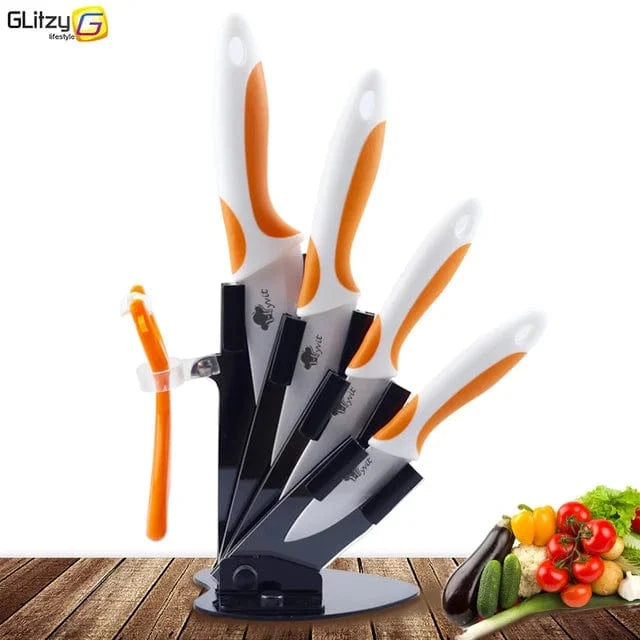China China Orange White / CHINA Kitchen Knives Ceramic Knife Set 3 4 5 6 inch Chef Knife Stand Holder Utility with Peeler Fruit Vegetable White Blade Anti-slip