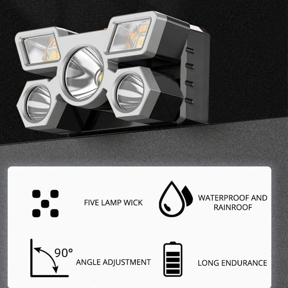 China China Outdoor High brightness 5LED Headset flashlight Outdoor household portable USB rechargeable Fishing miner lamp Strong headlight