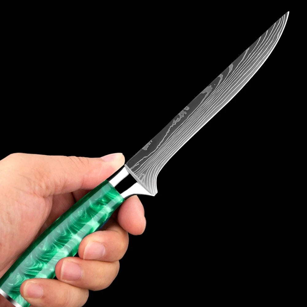 China China Pro Chef Knife Set 1-8PCS,7Cr17Mov Steel Kitchen Cooking Knives Utility Knife Super sharp Blade Ergonomic Green Resin Handle