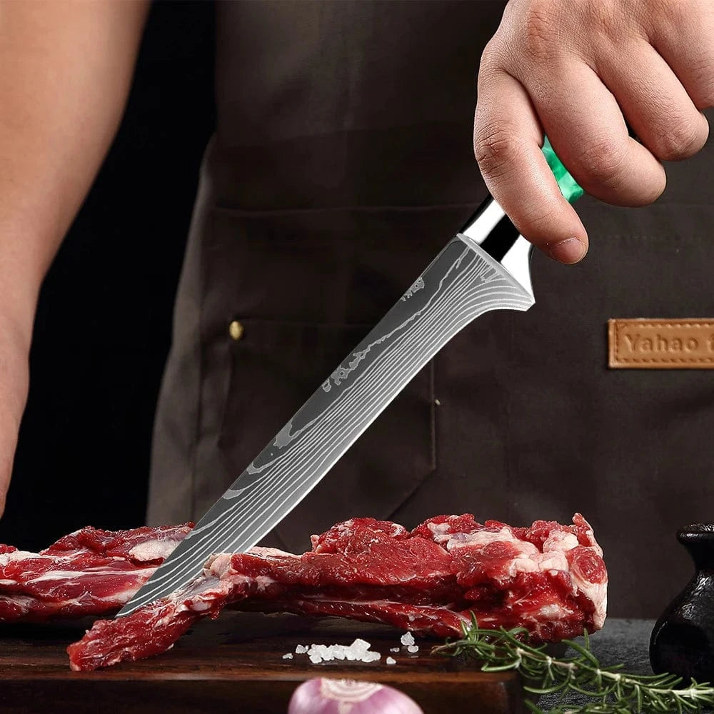 China China Pro Chef Knife Set 1-8PCS,7Cr17Mov Steel Kitchen Cooking Knives Utility Knife Super sharp Blade Ergonomic Green Resin Handle