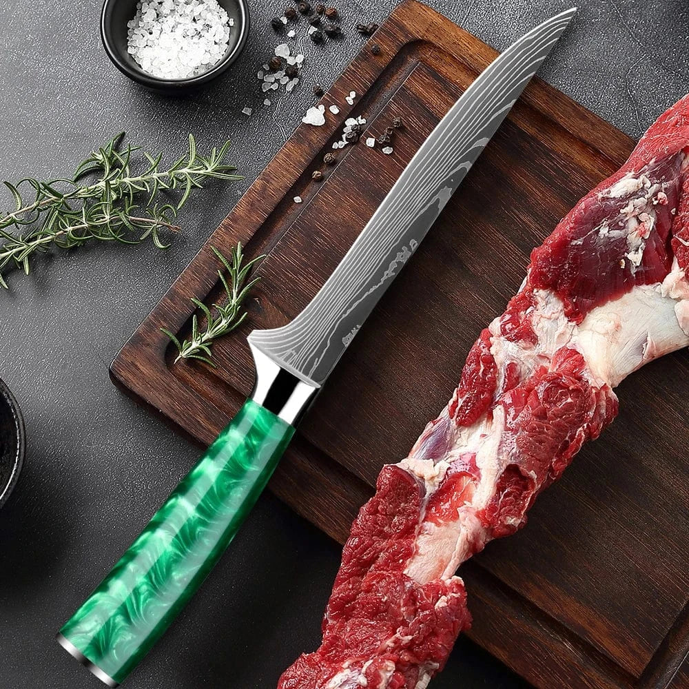 China China Pro Chef Knife Set 1-8PCS,7Cr17Mov Steel Kitchen Cooking Knives Utility Knife Super sharp Blade Ergonomic Green Resin Handle