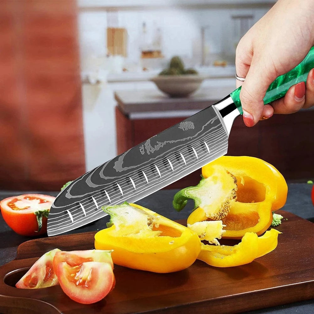 China China Pro Chef Knife Set 1-8PCS,7Cr17Mov Steel Kitchen Cooking Knives Utility Knife Super sharp Blade Ergonomic Green Resin Handle