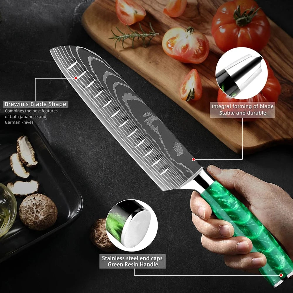China China Pro Chef Knife Set 1-8PCS,7Cr17Mov Steel Kitchen Cooking Knives Utility Knife Super sharp Blade Ergonomic Green Resin Handle