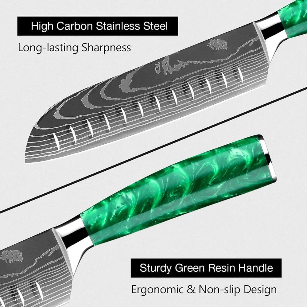China China Pro Chef Knife Set 1-8PCS,7Cr17Mov Steel Kitchen Cooking Knives Utility Knife Super sharp Blade Ergonomic Green Resin Handle