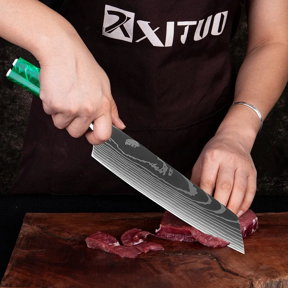 China China Pro Chef Knife Set 1-8PCS,7Cr17Mov Steel Kitchen Cooking Knives Utility Knife Super sharp Blade Ergonomic Green Resin Handle