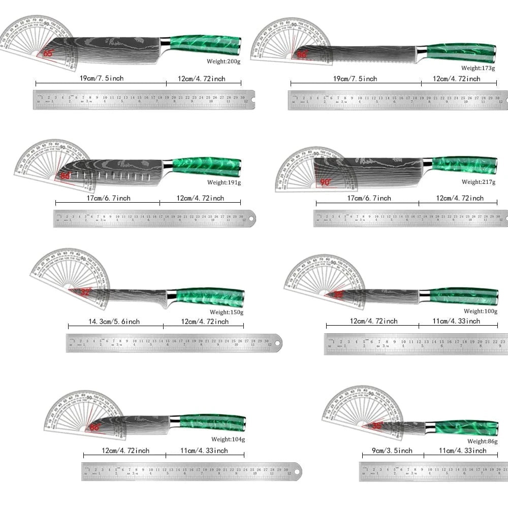 China China Pro Chef Knife Set 1-8PCS,7Cr17Mov Steel Kitchen Cooking Knives Utility Knife Super sharp Blade Ergonomic Green Resin Handle