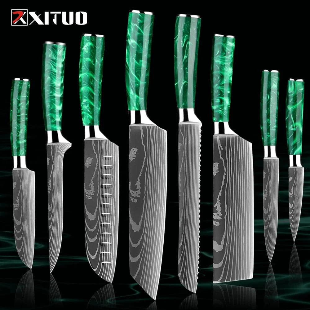 China China Pro Chef Knife Set 1-8PCS,7Cr17Mov Steel Kitchen Cooking Knives Utility Knife Super sharp Blade Ergonomic Green Resin Handle