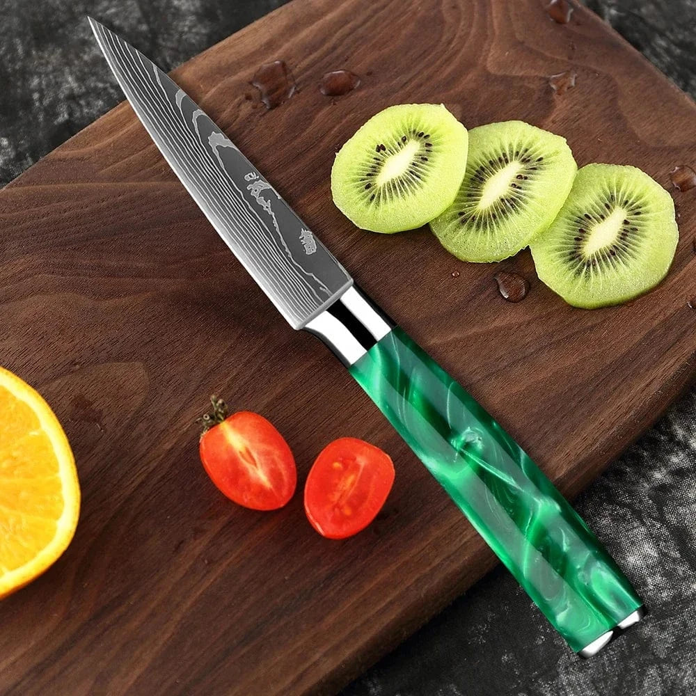 China China Pro Chef Knife Set 1-8PCS,7Cr17Mov Steel Kitchen Cooking Knives Utility Knife Super sharp Blade Ergonomic Green Resin Handle