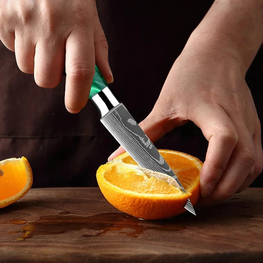China China Pro Chef Knife Set 1-8PCS,7Cr17Mov Steel Kitchen Cooking Knives Utility Knife Super sharp Blade Ergonomic Green Resin Handle